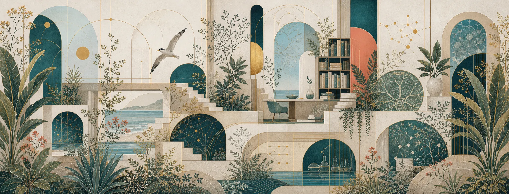 An ultra-wide abstract composition on textured paper: smooth architectural thresholds, bridge-like passages, dense flora, network lines, and a fine-line California least tern gliding through the open space.