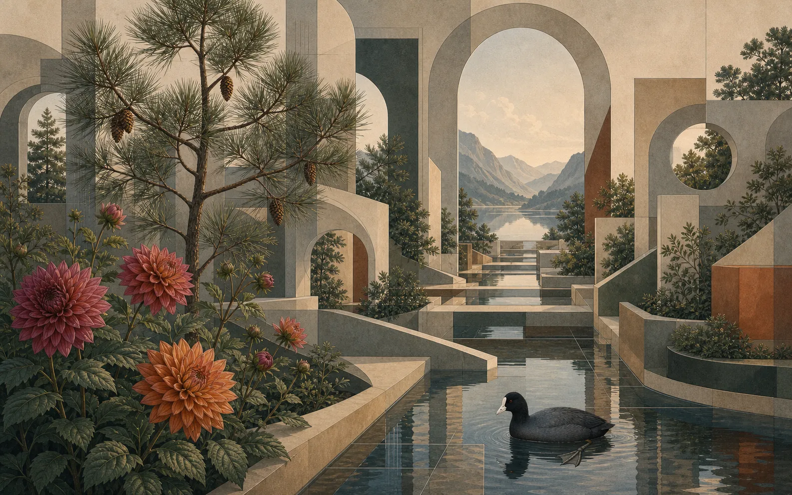 An abstract clarity architecture on textured paper, with open sightlines and reflective pathways threaded through Mexican white pine, Mexican dahlia, and American coot.