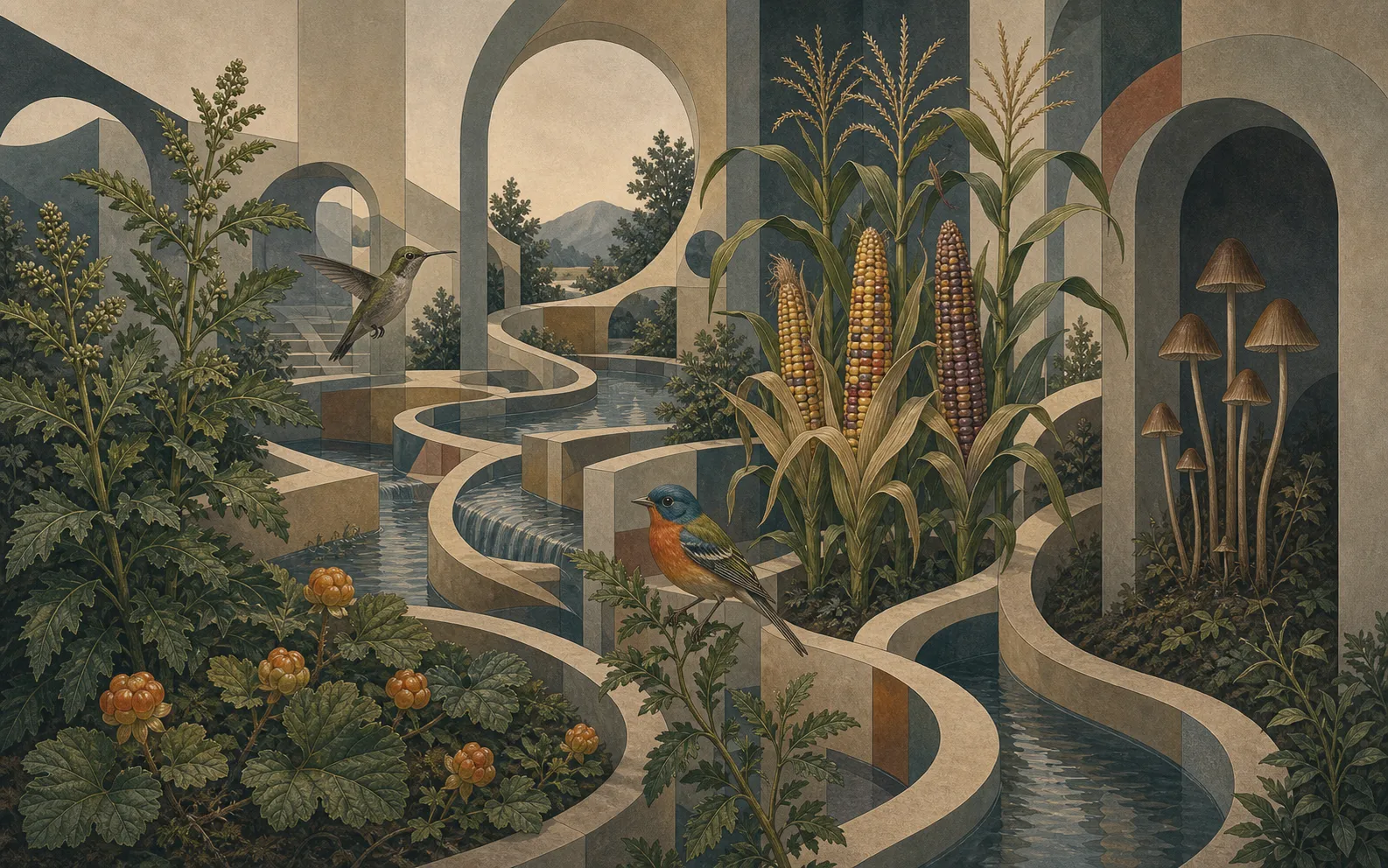 An abstract flow architecture on textured paper, with curved attention channels threaded through epazote, Oaxacan corn, Psilocybe zapotecorum, Alaskan cloudberry, Dusky Hummingbird, and Orange-breasted Bunting.