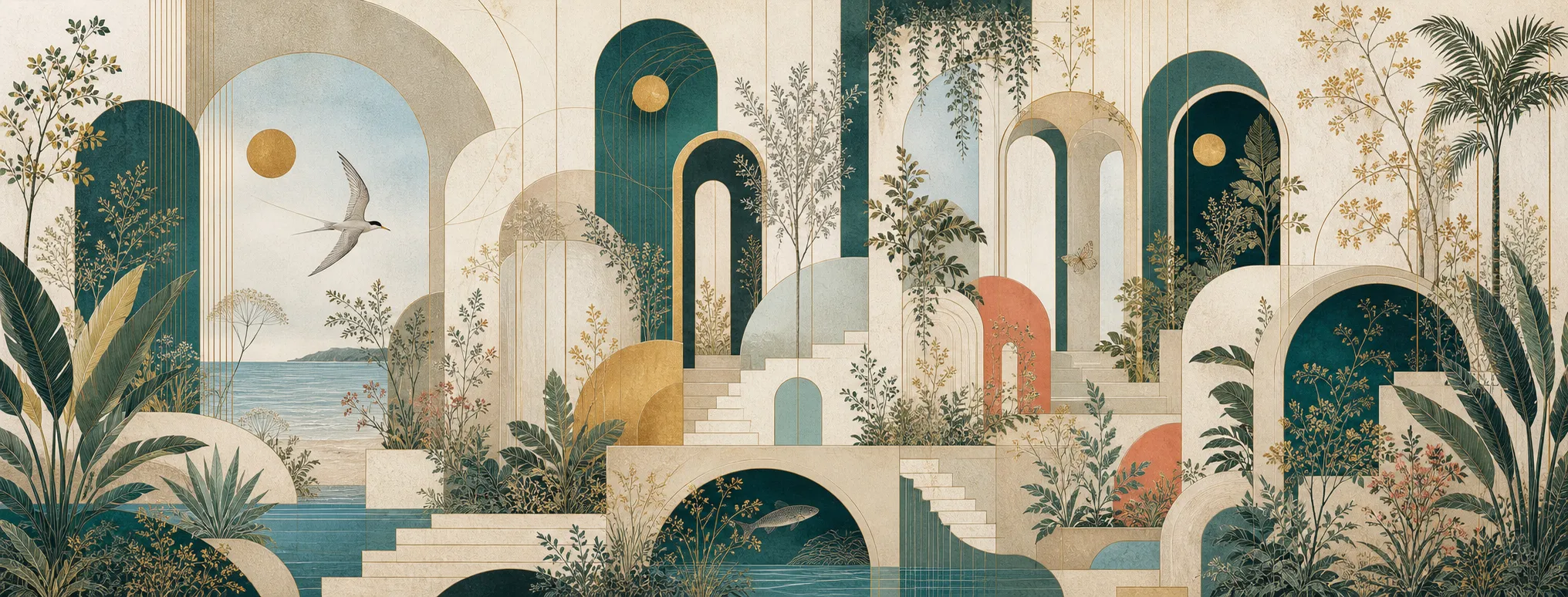 An ultra-wide abstract composition on textured paper: smooth architectural arches, stairs, terraces, dense flora, precise system lines, and a fine-line California least tern gliding through the open space.