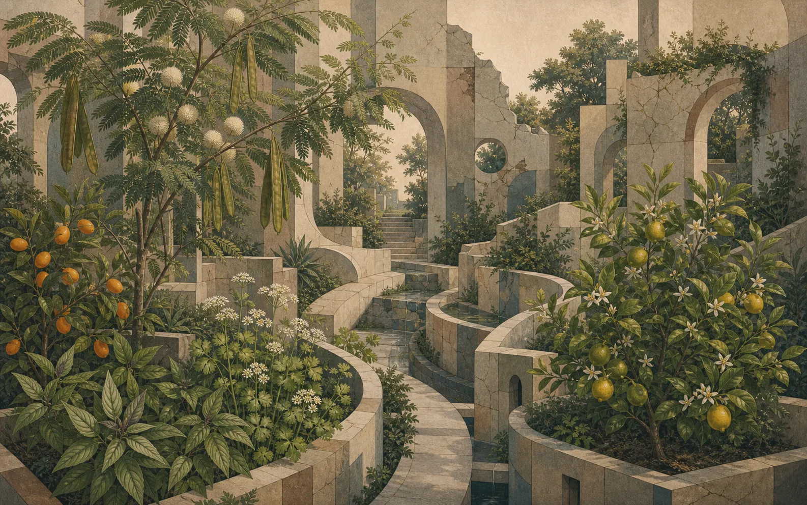 An abstract flourishing architecture on textured paper, with repaired corridors and garden thresholds threaded through guaje, Leucaena leucocephala, kumquat, rau ram, criollo cilantro, and key lime tree.