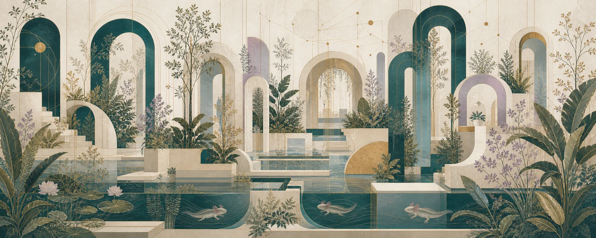An ultra-wide abstract composition on textured paper: smooth civic arches, terraces, and network-like corridors threaded with dense flora, fine-line aquatic axolotls, and teal, blue, green, violet, gold, graphite, and coral-pink detail.