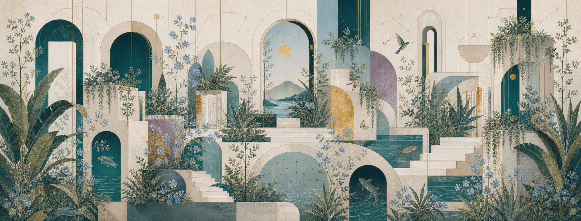 An ultra-wide abstract composition on textured paper: smooth institutional terraces, nested arches, research corridors, dense flora, and clusters of sky-blue Alaska forget-me-nots with yellow centers.