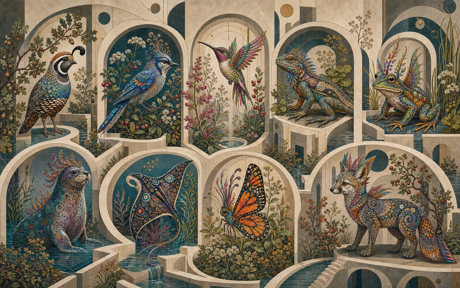 An abstract nine-capacity architecture on textured paper: nine connected chambers, each holding a vividly patterned fantastical Bay Area alebrije made from Alameda-area animals and native edible plants.